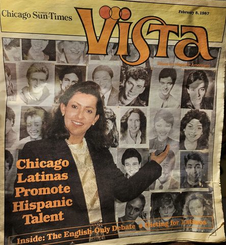 David Hernandez, actor, Chicago, press clipping: cover of the Chicago Sunday Sun-Times Vista Magazine, February 8, 1987, &ldquo;Chicago Latinas Promote Hispanic Talent&rdquo;